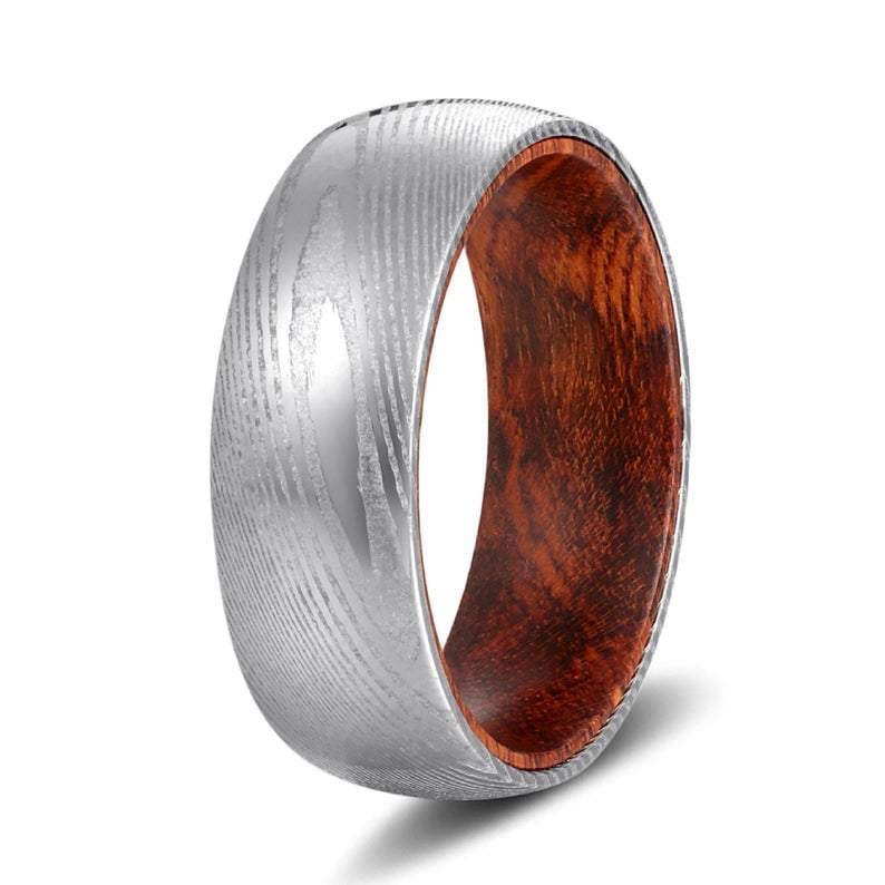 JACOP Men’s Domed Damascus Steel Ring with Snake Wood Sleeve - 8mm