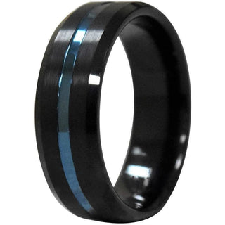 JALEN Black Tungsten Carbide Ring w/ Ion Plated Blue Stripe and Beveled Edges - 6mm & 8mm - 6mm/size 5 / Natural