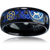 Joplin Domed Black Tungsten Ring Steampunk Blue Gear Carbon Fiber Inlay - 8mm