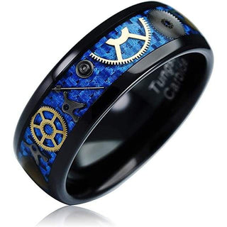 Joplin Domed Black Tungsten Ring Steampunk Blue Gear Carbon Fiber Inlay - 8mm - 6 / Tungsten