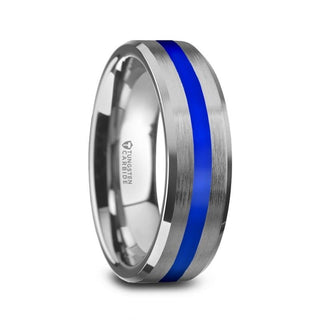 JUNO Men’s White Tungsten Brushed Finish Wedding Ring With Blue Center Stripe - 8mm - 5 / Tungsten