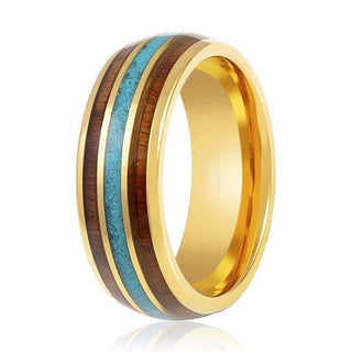 Kelso Gold Tungsten Ring with Rosewood and Crushed Turquoise Inlay - 6mm & 8mm - 6mm / 7 / Rosewood