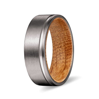 KEON Men's Grooved Tungsten Carbide Band with Whiskey Barrel Wood Sleeve - 8MM - 7 / Tungsten