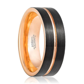 KHAN Men's Two-Tone Black Tungsten Ring with Rose Gold Groove and Inside - 8MM - 7 / Black
