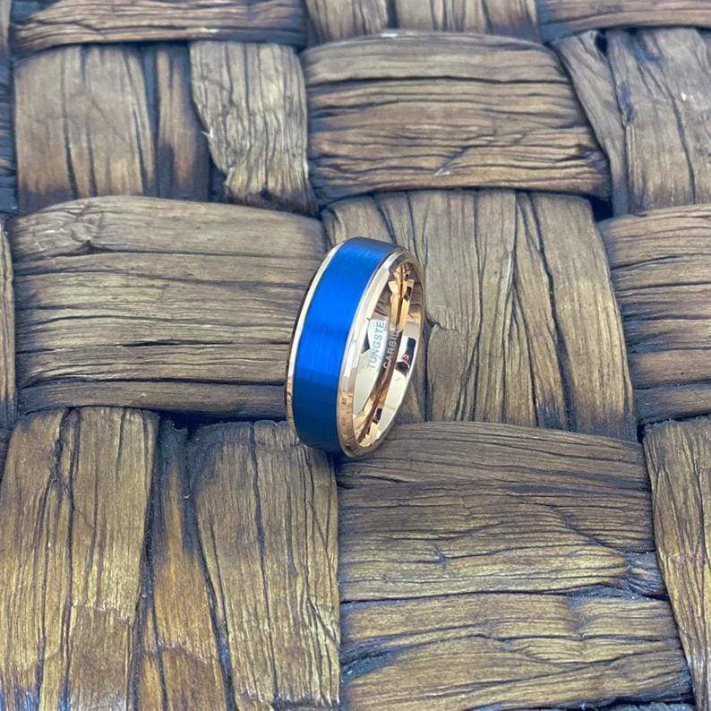 KIANO Men’s Blue Brushed Tungsten Ring w/ Rose Gold Step Edges & inside 6mm 8mm