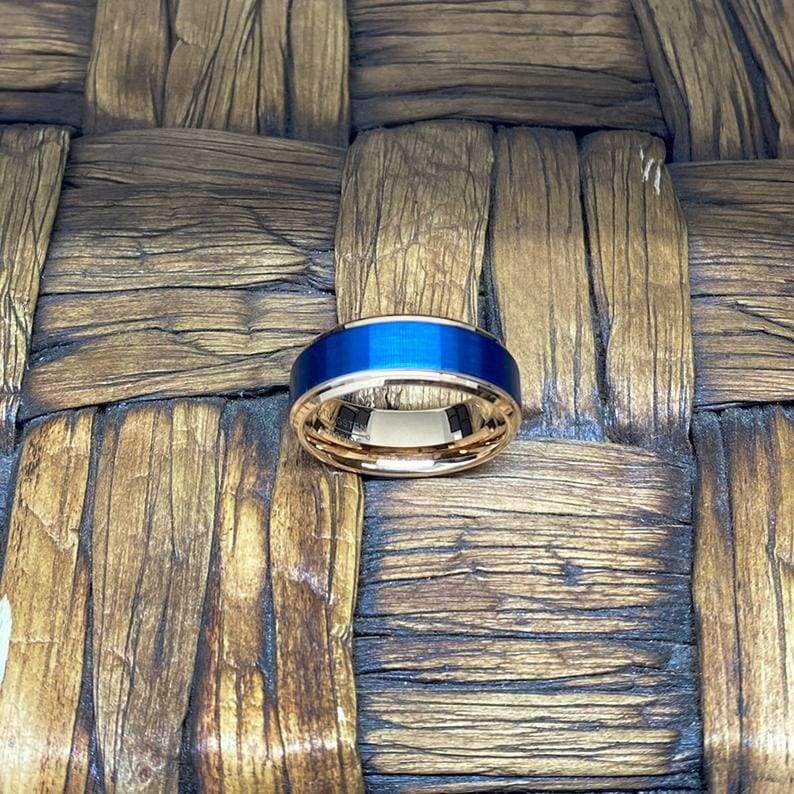 KIANO Men’s Blue Brushed Tungsten Ring w/ Rose Gold Step Edges & inside 6mm 8mm