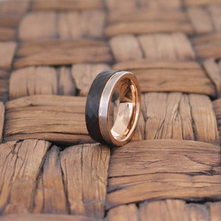 KONDO Half Faceted Tungsten Band with Off Set Rose Gold Groove Silver Brushed 8mm - 7 / Tungsten