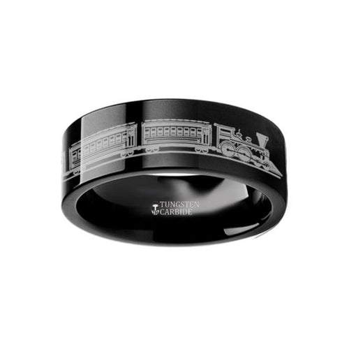 Long Train Railroad Trolly Landscape Ring Engraved Black Tungsten 4mm - 12mm