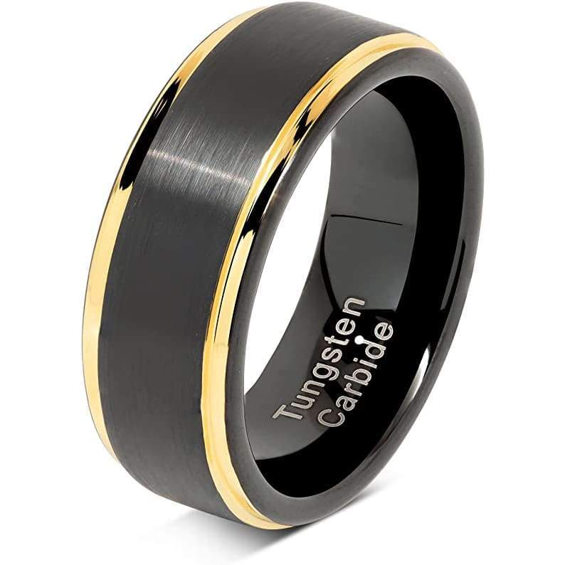 Madrid Black Brushed Tungsten Carbide Ring with Yellow Gold Plated Edges - 8mm