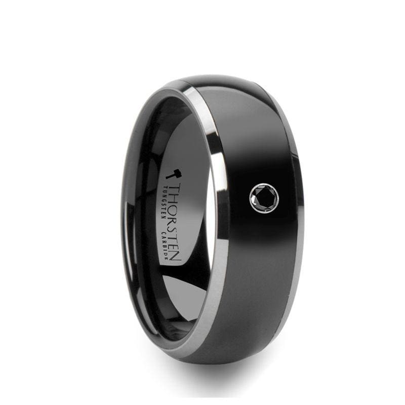 MAKAO Black Ceramic Ring With Polished Tungsten Edges & Diamond Setting - 8mm