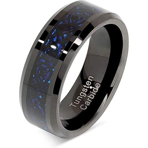 Malden Men’s Black Tungsten Band Celtic Dragon Blue Carbon Fiber Inlay - 8mm