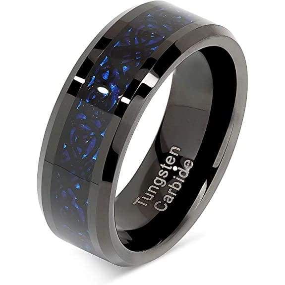 Malden Men's Black Tungsten Band Celtic Dragon Blue Carbon Fiber