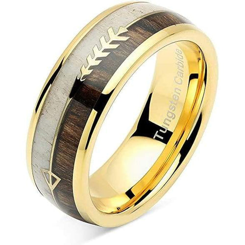 Mankato Elk Deer Antler Koa Wood Inlaid Yellow Gold Plated Tungsten Ring - 8mm