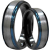 Margit Tungsten Wedding Band Set With Ion Plated Blue Stepped Edges - 6mm & 8mm