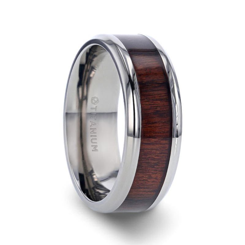 MARION Beveled Men’s Titanium Wedding Ring With Rosewood Inlay - 8mm