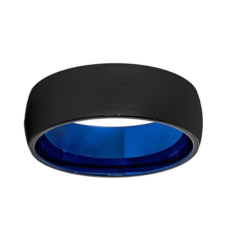 Men Domed Black Tungsten Wedding Ring With Brushed Center Blue Inside 6mm & 8mm