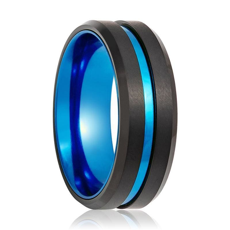 Men’s Beveled Sky Blue Grooved Black Tungsten Carbide Wedding Band - 8mm