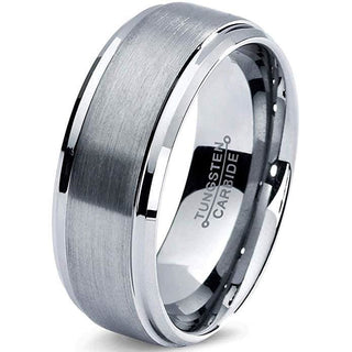 Reon Men's Brushed Tungsten Wedding Band Comfort Fit with Stepped Edges - 8mm - 4 / Tungsten