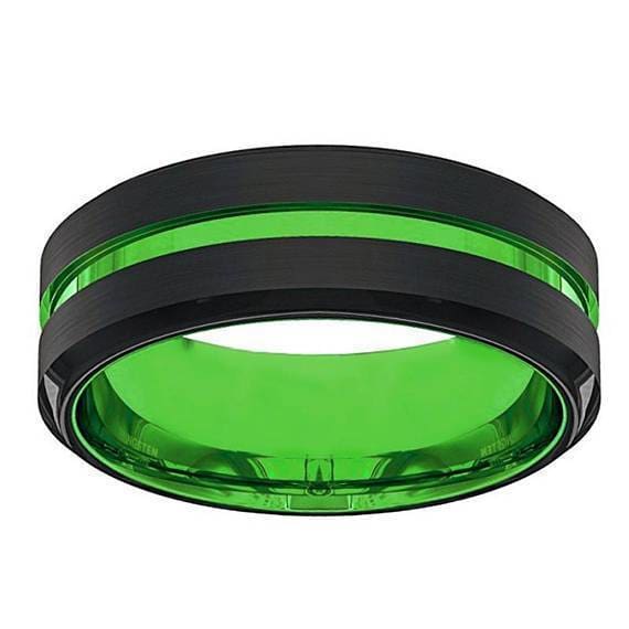 Mens Black and Acid Green Tungsten Carbide Wedding Band Beveled Edges The Artisan Rings