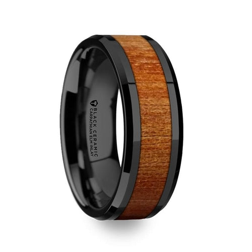 Men’s Black Ceramic Wedding Band With Real Carpathian Wood Inlay 8mm