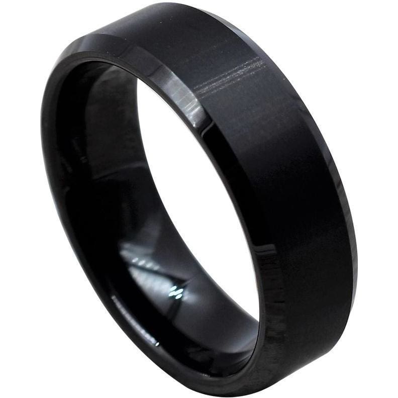Men’s Black Tungsten Carbide Ring With Brushed Finish and Beveled Edges - 6mm & 8mm