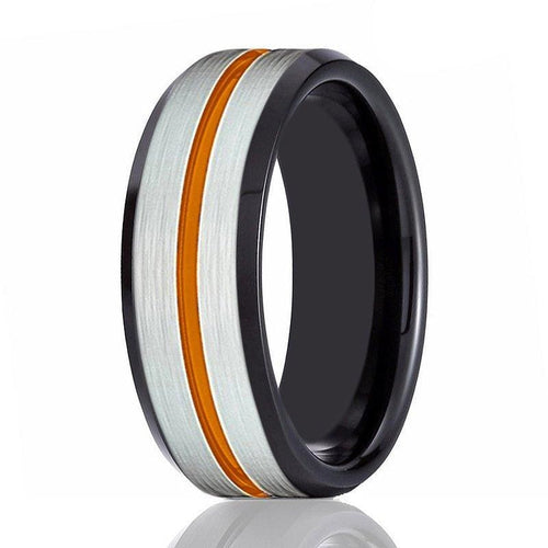 Men’s Black Tungsten Carbide Ring with Brushed Silver Center and Orange Groove 8mm