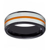 Men’s Black Tungsten Carbide Ring with Brushed Silver Center and Orange Groove 8mm