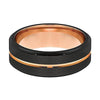 Men’s Black Tungsten Ring With Rose Gold Grooved Center Beveled Edges - 8mm
