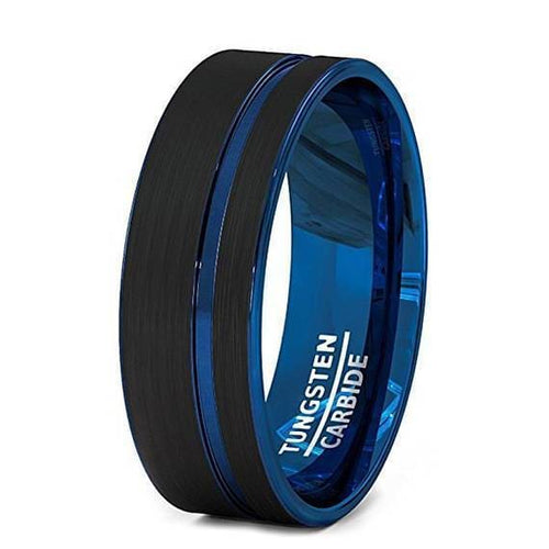 Men’s Black Tungsten Wedding Band With Blue Groove and Inside - 8 mm