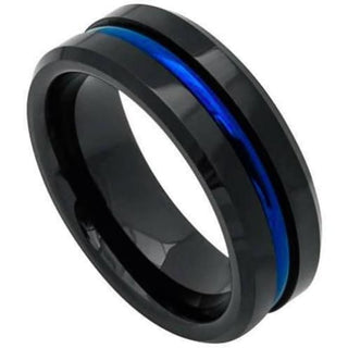 Mens Black Tungsten Wedding Band With Blue Grooved Center High Polish - 6mm & 8mm - 6mm / 7 / Tungsten