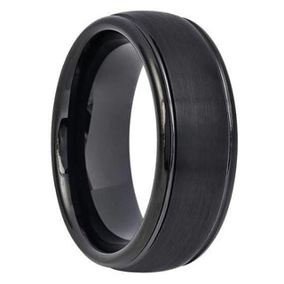 Men's Black Tungsten Wedding Ring Brushed Center High Polished Stepped Edges - 8mm - 7 / Tungsten