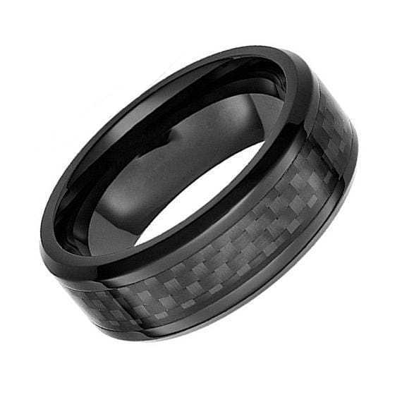 Mens Black Tungsten Wedding Ring w/ Black Carbon Fiber Inlay Beveled Edges - 8mm