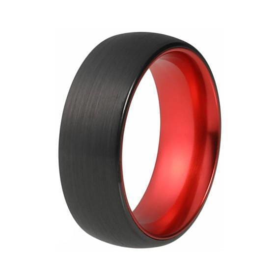 Achilleus Mens Black Tungsten Wedding Ring Fire Red Inside & Brushed Finish 4mm - 10mm