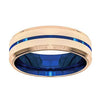 Mens Blue Grooved Tungsten Ring with Rose Gold Inlay Beveled Edges- 6mm & 8 mm