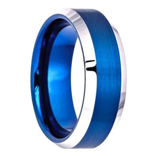 Mens Blue Tungsten Wedding Ring Brushed High Polish Beveled Edge - 6mm & 8mm