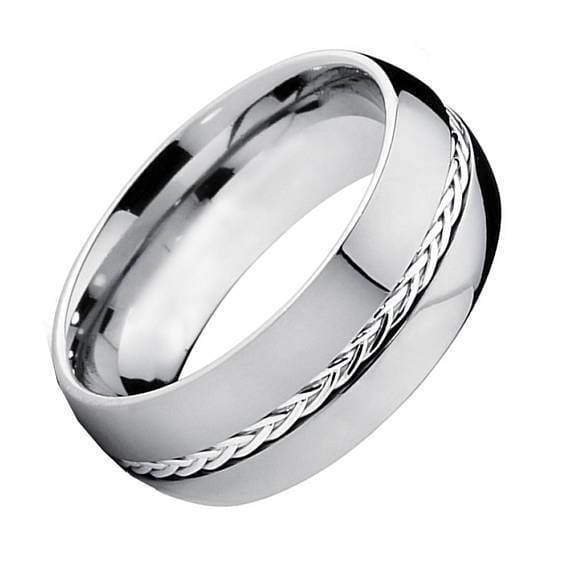 Mens Carbide Tungsten Wedding Ring Grooved with Braided Sterling Silver Insert - 8mm