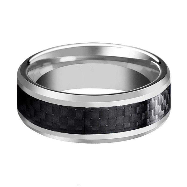 8 mm Mens Wedding Bands, Carbon Fiber in Tungsten - N555C