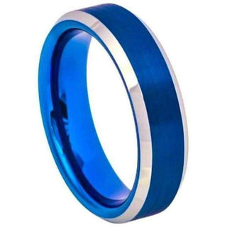 Mens Carbide Wedding Tungsten Ring High Polish Beveled Edge Blue IP Brushed Center - 6mm - 7 / Tungsten