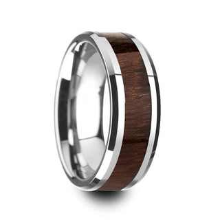 Men's Carpathian Wood Inlaid Tungsten Wedding Band With Polished Beveled Edges 8mm - 5 / Tungsten
