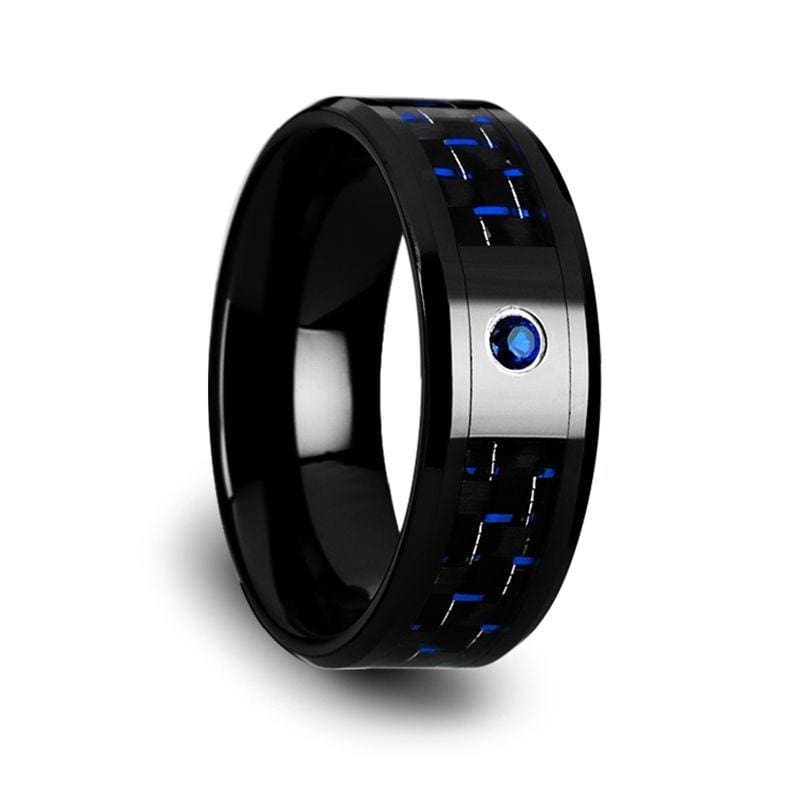 Men’s Ceramic Ring With Black & Blue Carbon Fiber And Sapphire Setting - 8mm
