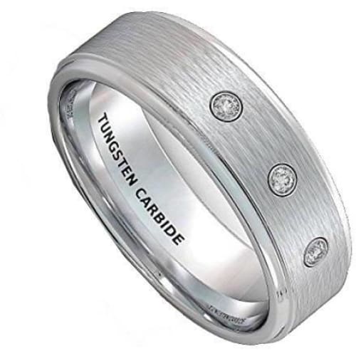 Mens Classic Carbide Tungsten Wedding Ring 3 Cubic Zircon Step Edge Brushed Comfort Fit - 8mm