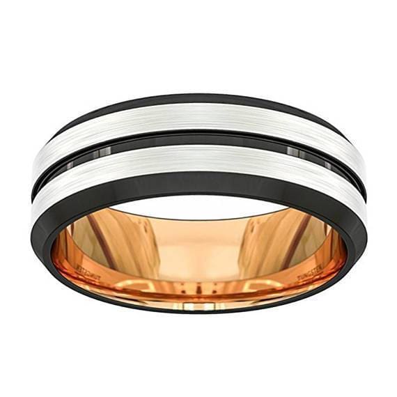 Men’s Domed Double Grooved Tungsten Wedding Band With Rose Gold Inlay - 8mm