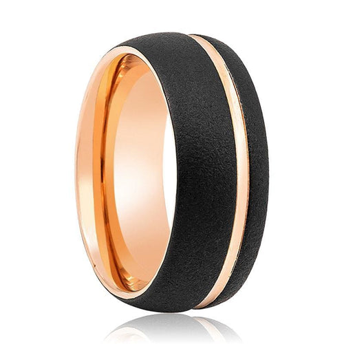 Men’s Domed Rose Gold Inlaid Tungsten Wedding Band Sandblasted Finish - 8mm