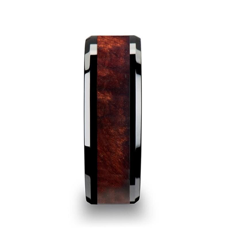 Men's Exotic Redwood Inlaid Black Ceramic Ring With Beveled Edges 8mm
