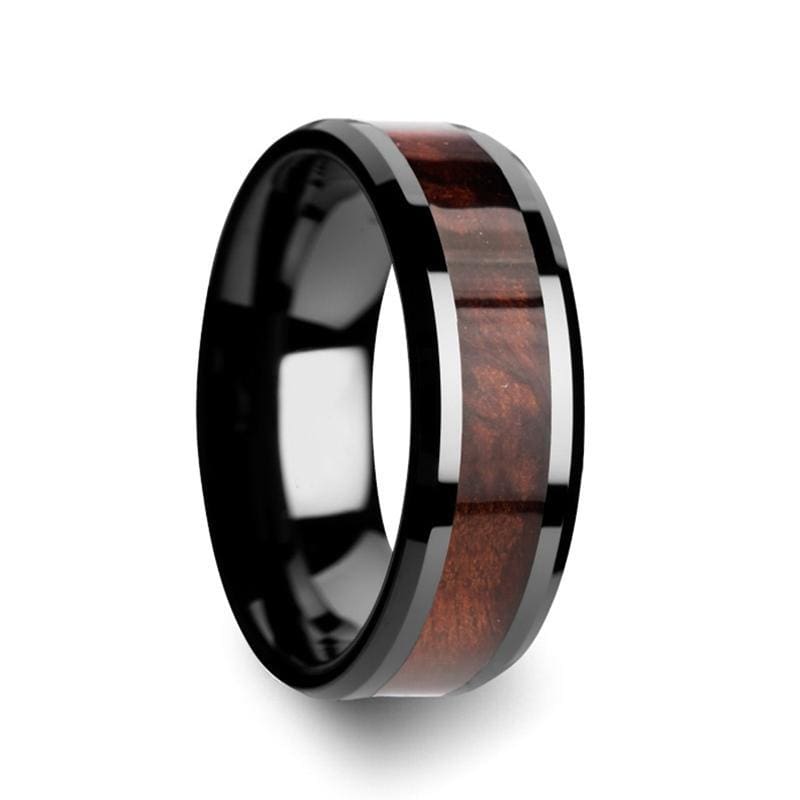 Men's Exotic Redwood Inlaid Black Ceramic Ring With Beveled Edges 8mm