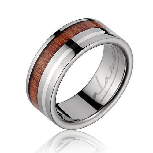 Mens Genuine Titanium Wedding Band Hawaiian Koa Wood Sterling Silver Border - 8mm