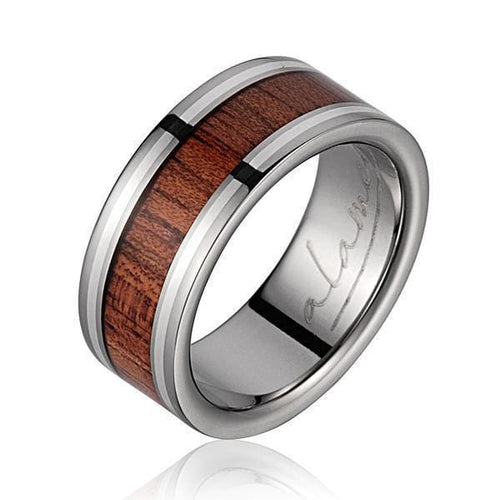 Mens Genuine Titanium Wedding Band Hawaiian Koa Wood Sterling Silver Border - 8mm