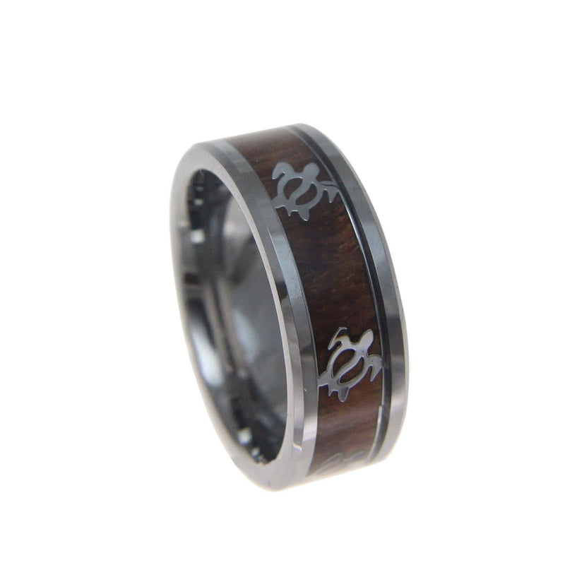 Mens Honu Turtle Tungsten Ring Hawaiian Koa Wood Band Genuine Inlay Comfort Fit - 8mm