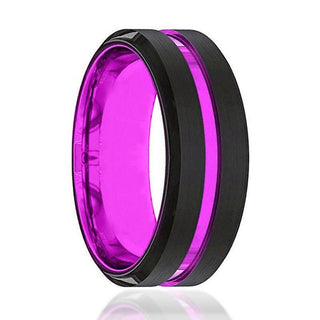 Men's Passionate Purple Groove Beveled Black Tungsten Carbide Wedding Ring - 8mm - 7 / Purple