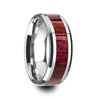 Men's Purpleheart Wood Inlaid Tungsten Wedding Band With Beveled Edges 8mm - 5 / Tungsten